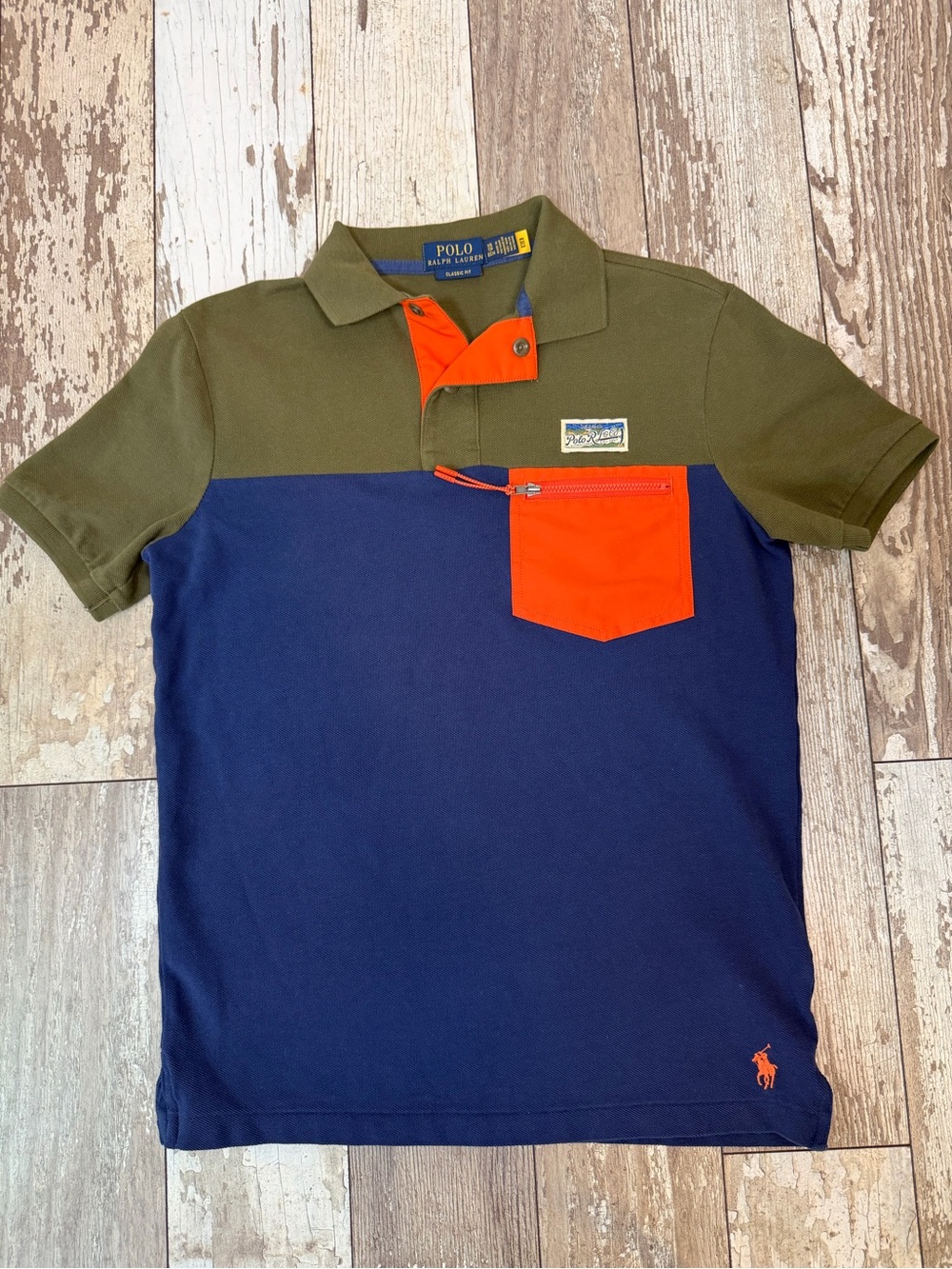 Polo Ralph Lauren Colorblock Summit Utility Polo Shirt Zip Pocket Navy Olive XS